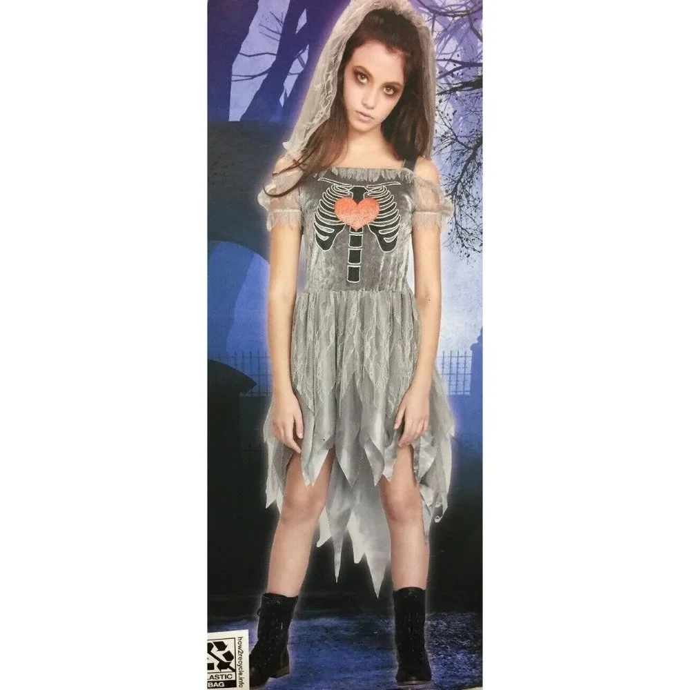 Ghost Bride Halloween Costume Girls M Spooky Skeleton Heart Dress Gothic Cosplay